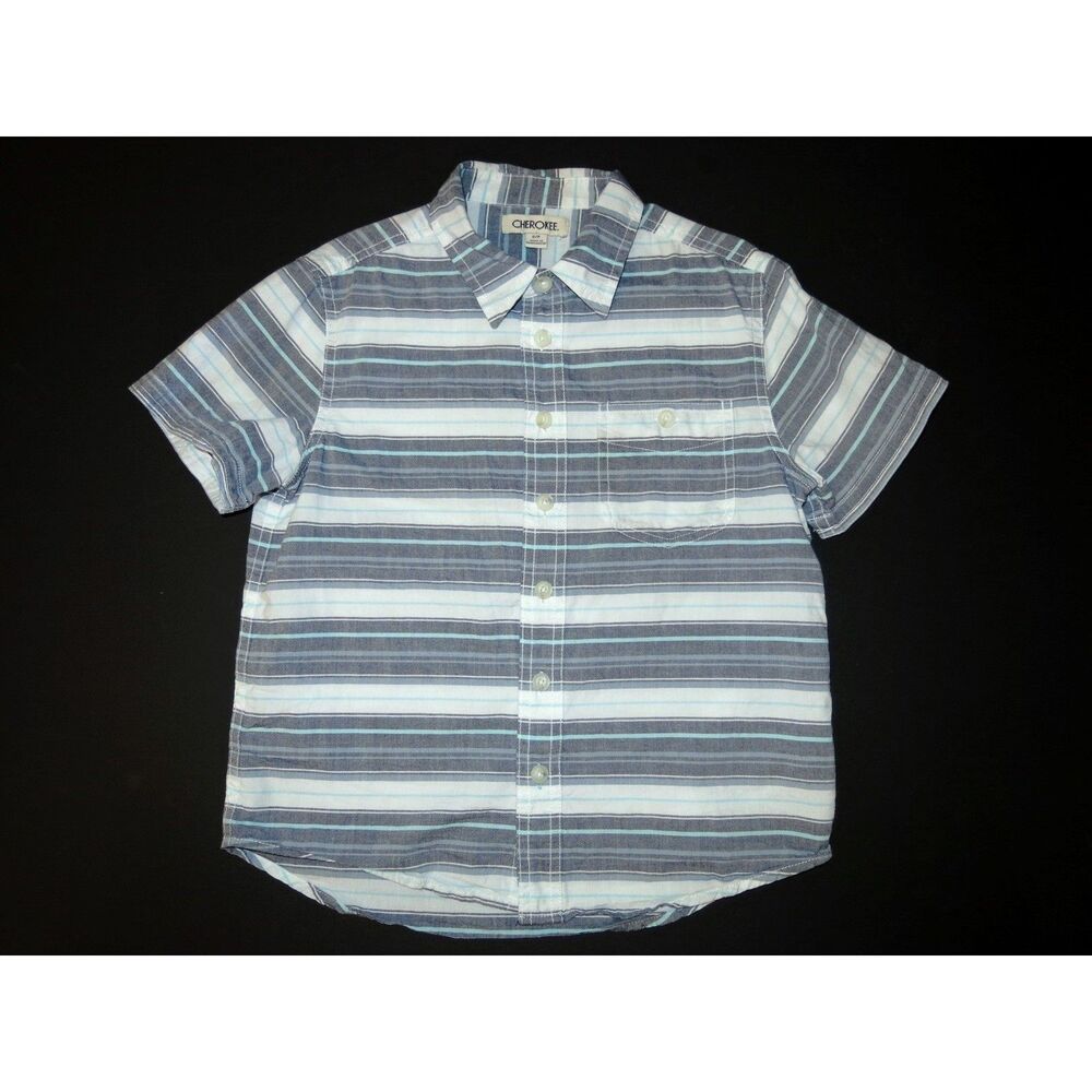 Cherokee boys button up dress shirt S 6 7 short sleeve striped top blue white